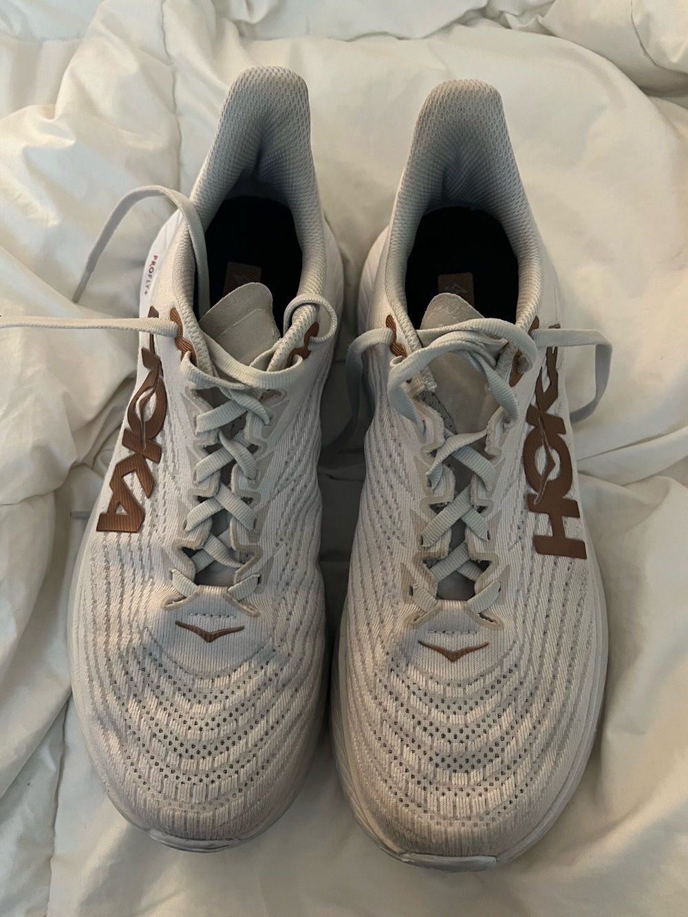 Hoka Women’s White Athletic Running Shoes with Tan Logo